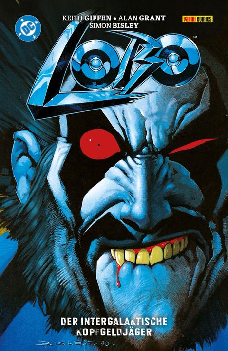 Text: "Keith Giffen, Alan Grant, Simon Bisley. Lobo. Der intergalaktische Kopfgeldjäger." Illustration eines grimmigen Gesichts.