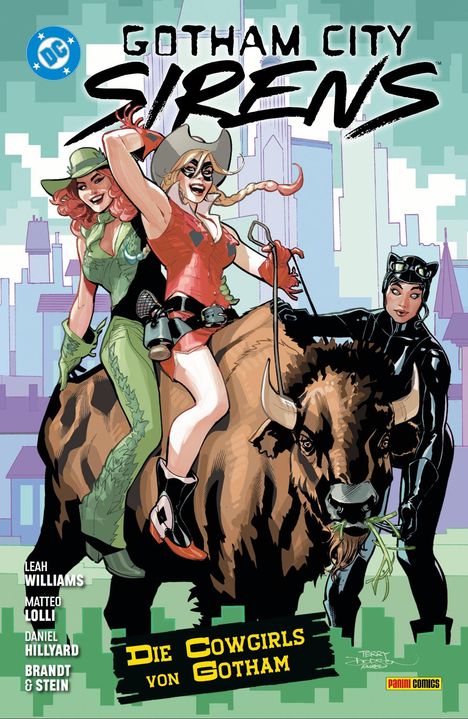 "Die Cowgirls von Gotham". Drei Frauen in Cowboy-Kleidung reiten auf einem Büffel vor einer stilisierten Stadt. Comics-Stil.