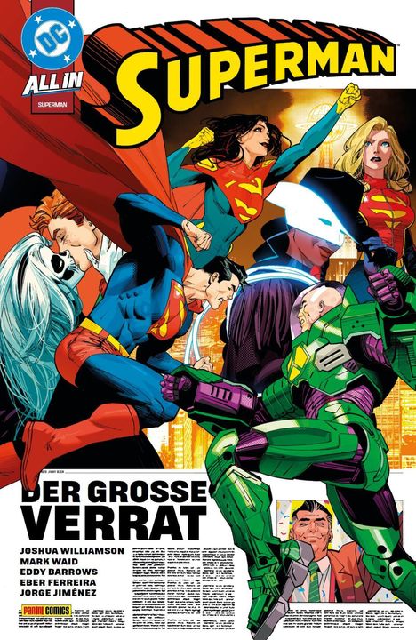 "Der große Verrat" in großer Schrift. Superhelden kämpfen; Superman im Vordergrund, intensives Comic-Artwork.