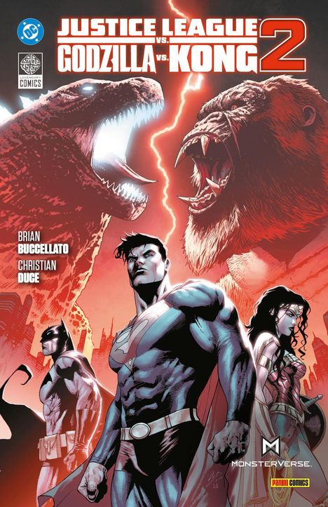 Text: "JUSTICE LEAGUE VS. GODZILLA VS. KONG 2". Illustration mit Superhelden, Godzilla und Kong in einer Stadt.