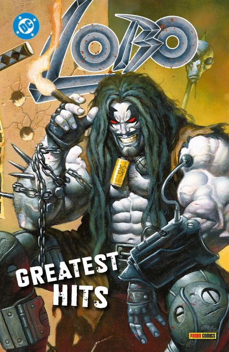 Text: "Greatest Hits". Illustration eines muskulösen Charakters mit langen Haaren, in auffälliger Pose.