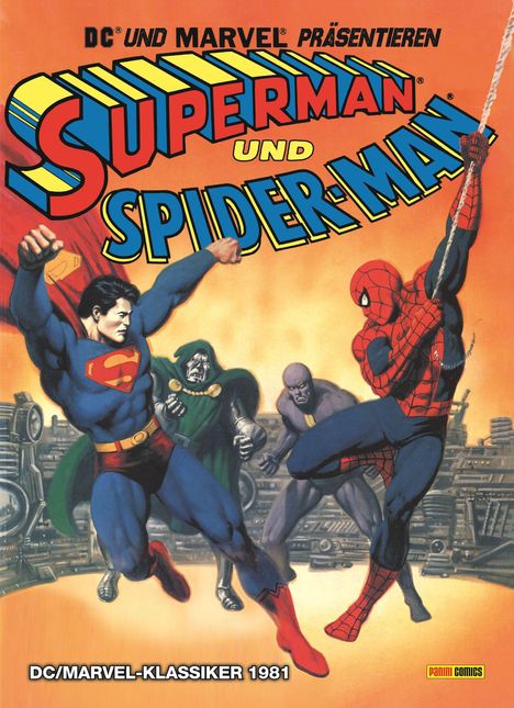 "SUPERMAN UND SPIDER-MAN" in großen Lettern, darunter kämpfen Superman und Spider-Man gegen Schurken. Comic-Illustration.