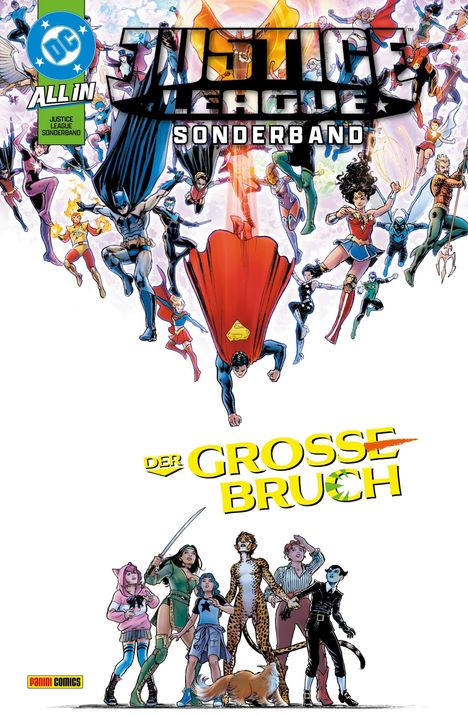 "Justice League Sonderband: Der Große Bruch" in markanten Buchstaben. Viele Superhelden schweben in einer dynamischen Szene.