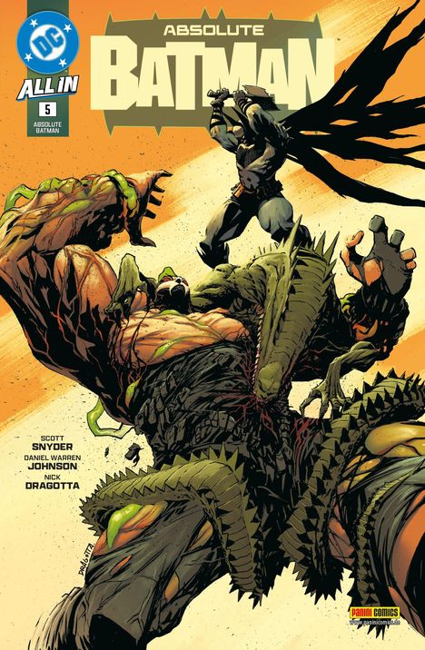 Text: DC, All In, Absolute Batman. Ein Kampf zwischen Batman und einem riesigen Monster in dynamischer Pose. 