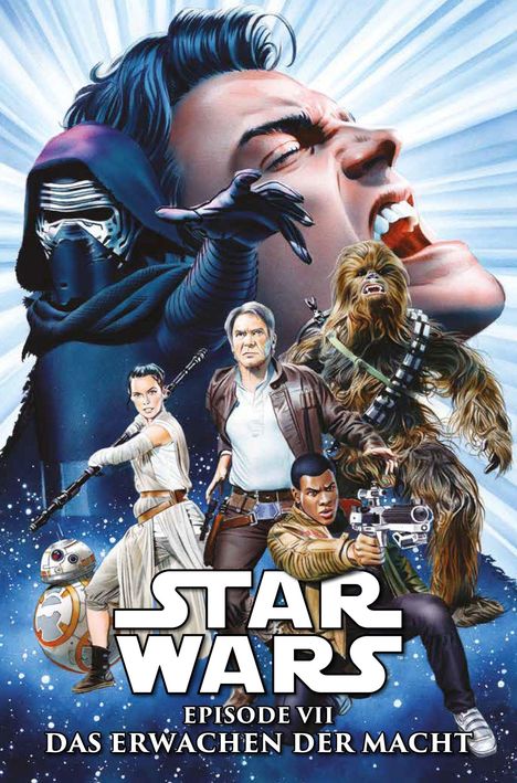 "STAR WARS EPISODE VII DAS ERWACHEN DER MACHT". Illustration mit Sci-Fi-Figuren und leuchtendem Hintergrund.