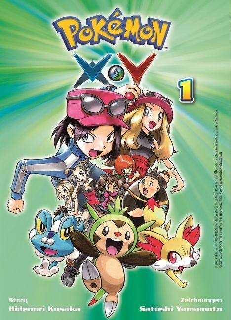 "Pokémon X•Y", 1. Illustrative Szene mit Charakteren und Pokémon auf grünem Hintergrund. Story: Hidenori Kusaka, Zeichnungen: Satoshi Yamamoto.