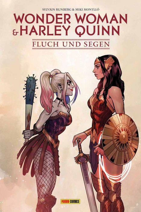 "Wonder Woman & Harley Quinn: Fluch und Segen." Zwei Frauen stehen sich gegenüber, eine mit Schwert und Schild, die andere mit Keule.