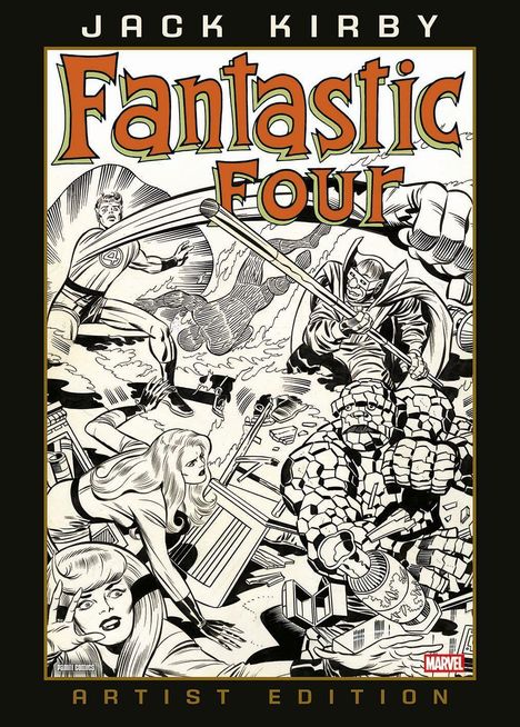 "JACK KIRBY FANTASTIC FOUR ARTIST EDITION." Comic-Illustration mit Action-Szenen und Charakteren in dynamischen Posen.