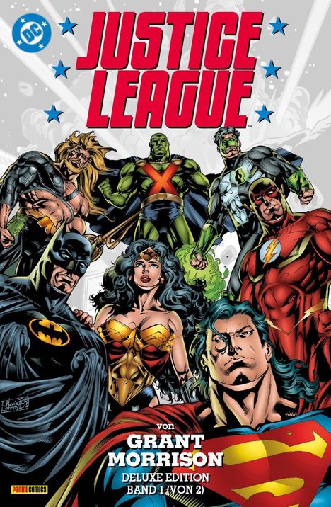 "JUSTICE LEAGUE" steht in großen roten Buchstaben. Darunter versammeln sich bekannte Superhelden in einem dynamischen Comic-Stil.