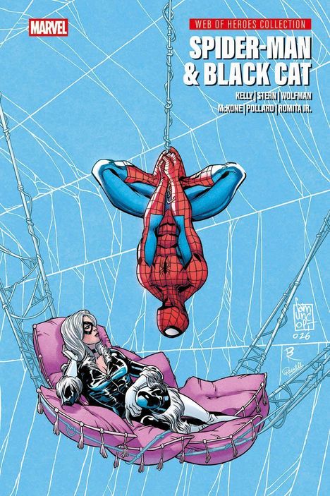 "Spider-Man & Black Cat" in weißer Schrift. Spider-Man hängt kopfüber im Netz, Black Cat liegt in einer Hängematte darunter.