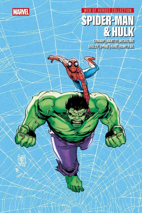 „WEB OF HEROES COLLECTION: SPIDER-MAN & HULK“. Eine Illustration von Spider-Man auf Hulk, vor einem blauen Netz-Hintergrund.