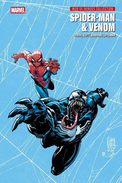 Texte: Web of Heroes Collection: Spider-Man & Venom. Illustration: Spider-Man und Venom schwingen durch Netze.