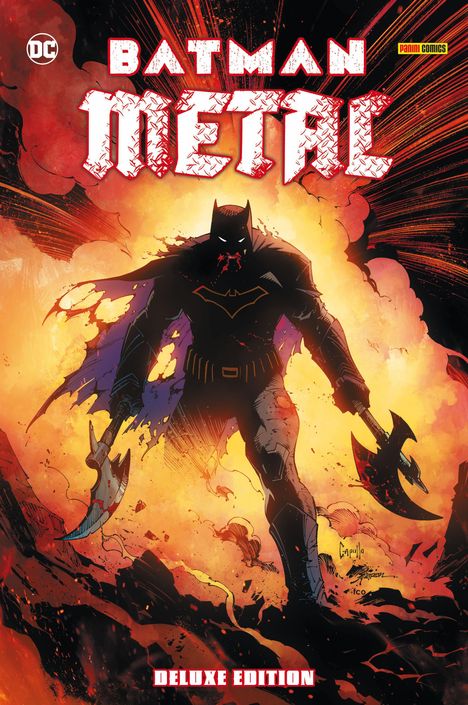 "BATMAN METAL DELUXE EDITION" in großer Schrift. Batman thront mit blutigen Waffen vor flammendem Hintergrund.