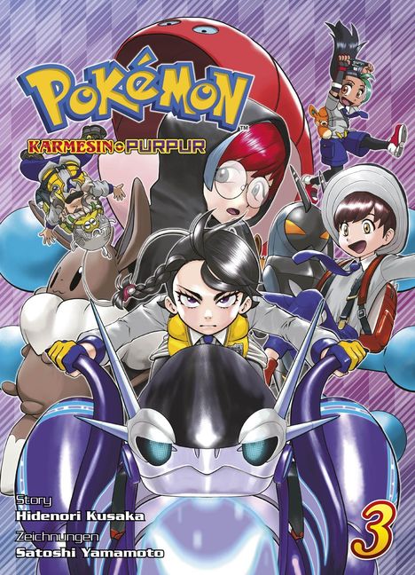 "Pokémon Karmesin und Purpur", dynamische Charaktere, mittig großes Kreaturendesign, lebendige Farben, Nummer 3 rechts.