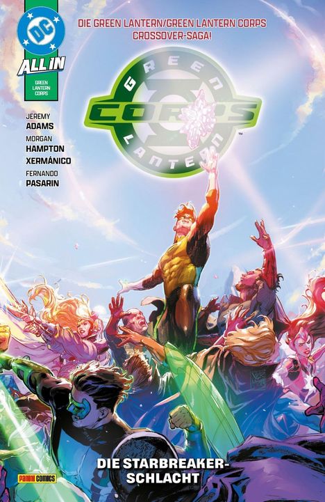 Oben steht "DIE GREEN LANTERN/GREEN LANTERN CORPS CROSSOVER-SAGA!" Helden in dynamischen Posen, grüner Schein.