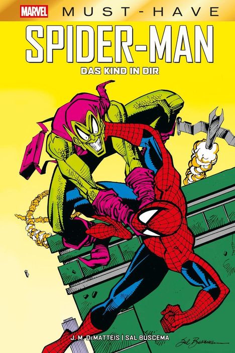 Text: "SPIDER-MAN DAS KIND IN DIR". Illustration: Ein grüner Kobold greift Spider-Man an. Heller Hintergrund.
