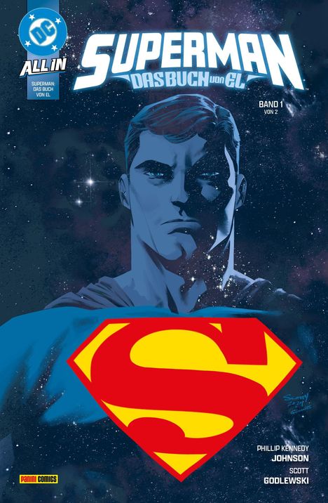 Oben steht "Superman: Das Buch von El", daneben "Band 1 von 2". Im Hintergrund Superman vor einem Sternenhimmel. Logo unten.