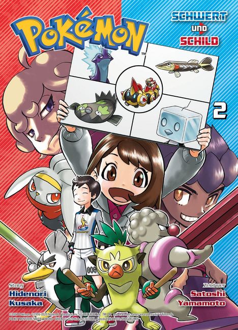 "Pokémon", "Schwert und Schild", "Hidenori Kusaka", "Satoshi Yamamoto", Zahlen und Figuren, farbenfrohe Anime-Illustration.