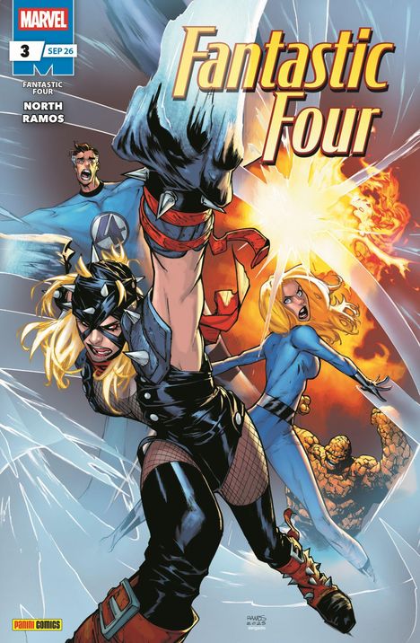 „Fantastic Four“ in großer, gelber Schrift. Dynamische Superhelden in Aktion: ein flammender, ein dehnbarer und ein unsichtbarer Held.
