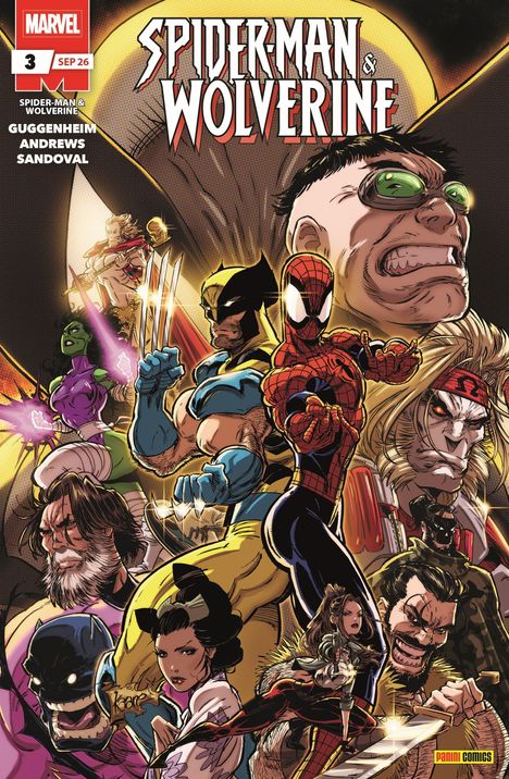 Titel: "SPIDER-MAN & WOLVERINE". Viele Superhelden und Schurken in actiongeladener Pose mit hellen Lichteffekten.
