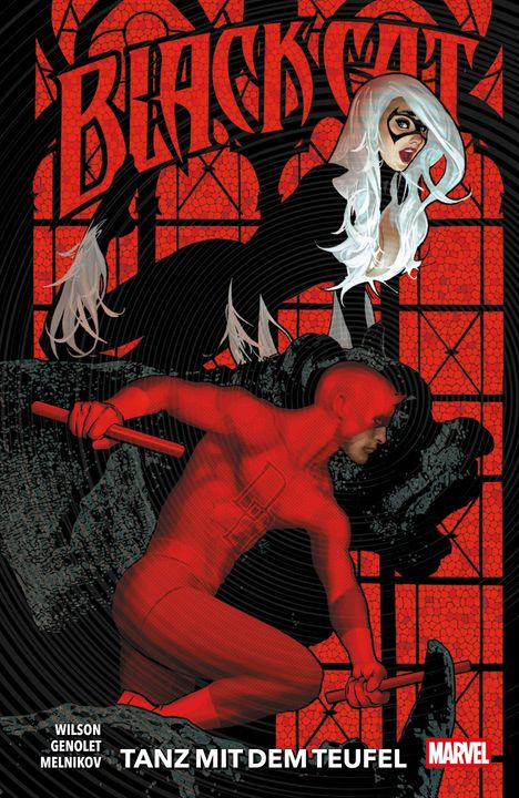"BLACK CAT" oben, "TANZ MIT DEM TEUFEL" unten. Illustration zeigt eine Figur in Rot und eine Frau mit weißem Haar.