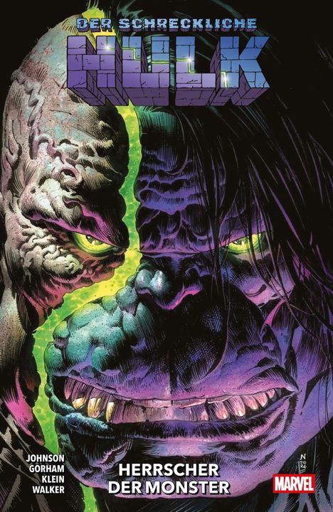 Text: "DER SCHRECKLICHE HULK", "HERRSCHER DER MONSTER", Autoren: Johnson, Gorham, Klein, Walker. Illustration: Zwei monströse Gesichter.