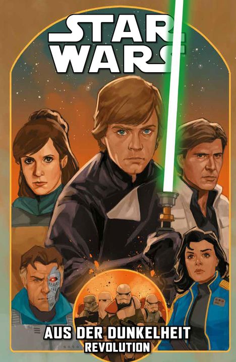 "Star Wars: AUS DER DUNKELHEIT - REVOLUTION" steht über einer Illustration bekannter Figuren mit Lichtschwert.