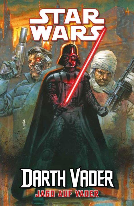 "Star Wars", "Darth Vader: Jagd auf Vader". Illustration: Darth Vader mit rotem Lichtschwert, zwei Begleiter im Hintergrund.