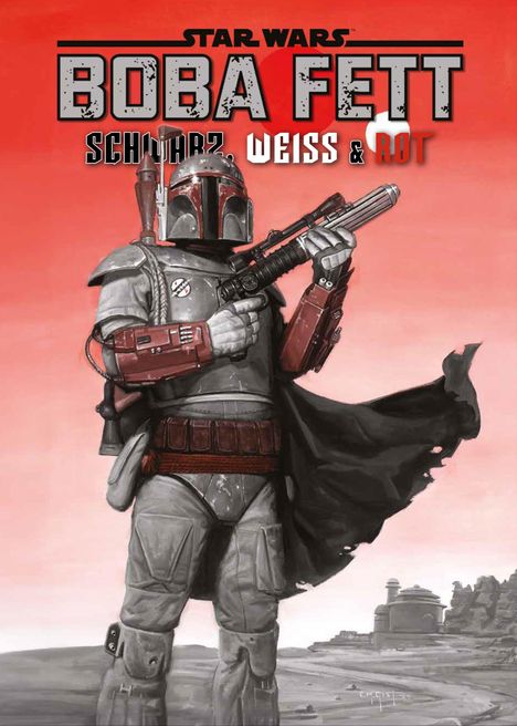 Boba Fett steht in einer grauen Rüstung mit Blaster, roter Hintergrund und Gebäude im Hintergrund, Illustration.