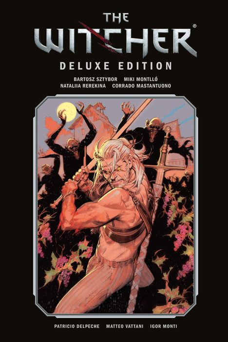 "The Witcher: Deluxe Edition" oben. Illustrationen darunter: Ein Krieger mit Schwert, umgeben von Monstern vor einem Mond.