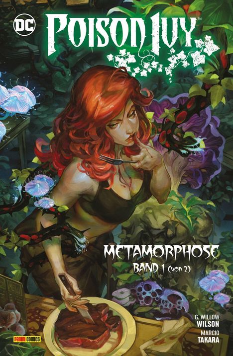 „Poison Ivy: Metamorphose Band 1“. Illustration mit rothaariger Frau, Pflanzen, Teller und Messer.