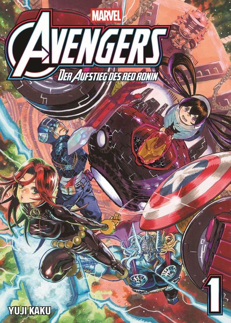 "Avengers: Der Aufstieg des Red Ronin", bunte Illustration mit Superhelden in actionreicher Szene.