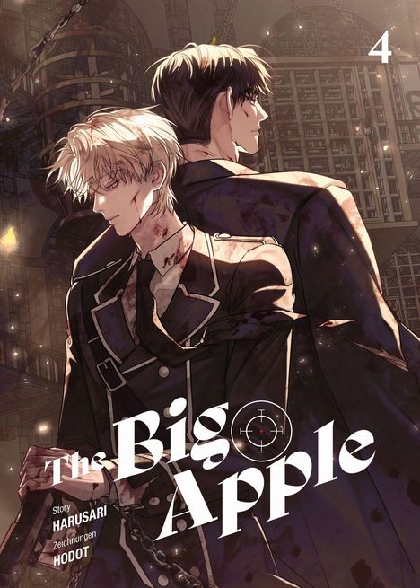 "The Big Apple" in weißer Schrift, Nummer 4. Zwei verletzte Männer Rücken an Rücken, in dunkler Umgebung mit Käfigen.