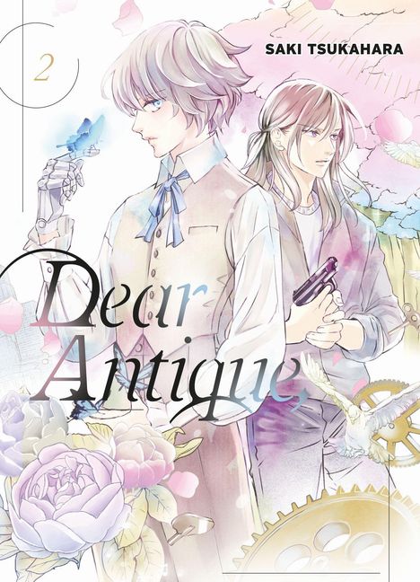 "Dear Antique", "Saki Tsukahara", "2". Zwei gezeichnete Figuren, eine mit Roboterhand, sanfte Farben, Blumen, Vogel, Zahnräder.