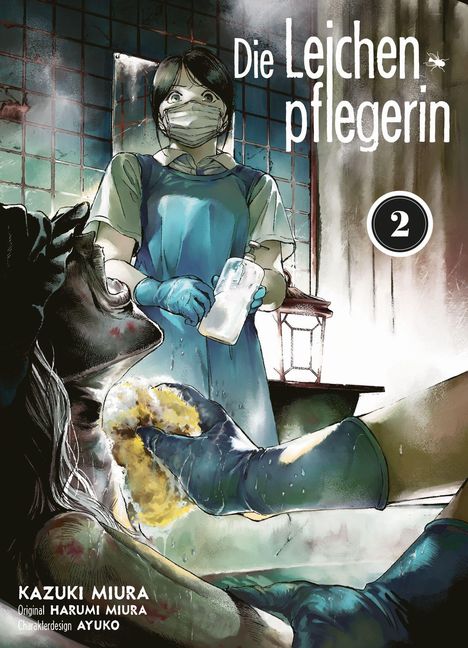 Text: "Die Leichenpflegerin 2." Illustration: Frau mit Maske, Handschuhen, hält Flasche. Hand wäscht Person in Wanne.