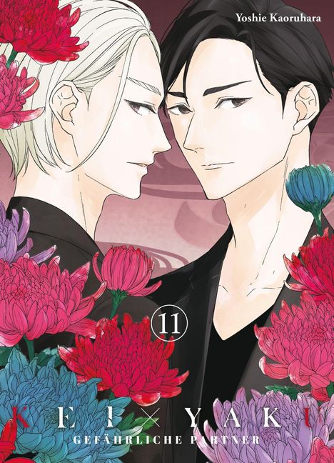 "Yoshie Kaoruhara. K.E.x.YAK Gefährliche Partner. 11." Zwei stilisierte Personen mit Blumen, in warmen Farben.