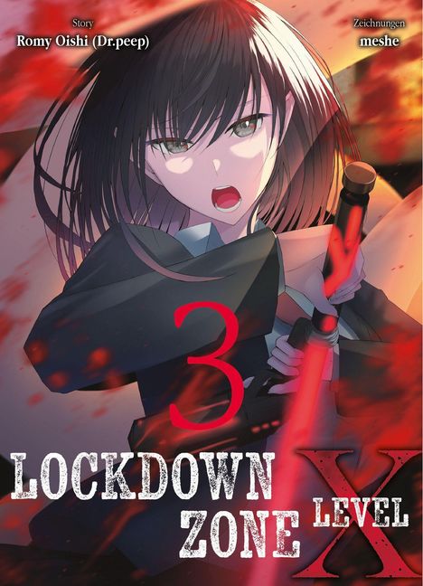 "LOCKDOWN ZONE LEVEL X" und "3". Anime-Stil, Mädchen mit langen Haaren, entschlossener Blick, roter Lichteffekt.