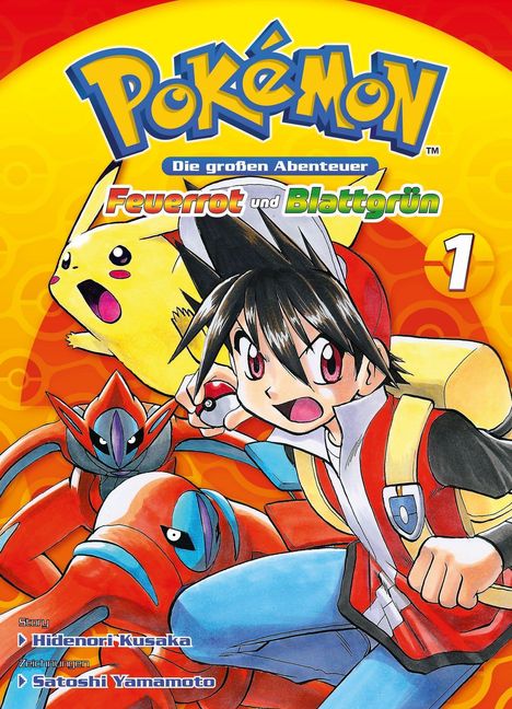 Ein Manga-Cover mit "Pokémon: Die großen Abenteuer, Feuerrot und Blattgrün 1". Es zeigt Pikachu und andere Charaktere.