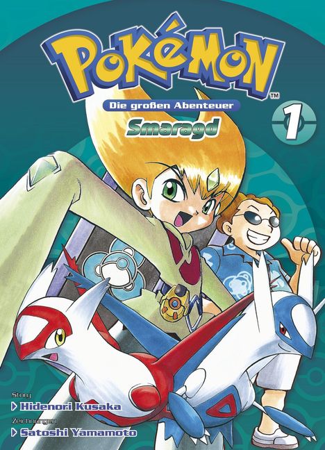 Titel: "Pokémon Die großen Abenteuer Smaragd 1". Zwei Charaktere mit zwei drachenähnlichen Kreaturen.