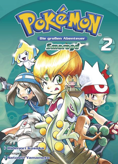 „Pokémon: Die großen Abenteuer Smaragd 2“. Illustration mit Charakteren und Pokémon vor grünem Hintergrund.