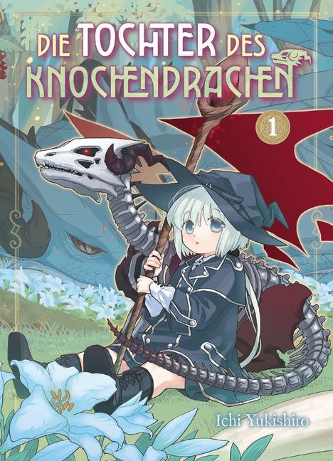Text: "Die Tochter des Knochen-Drachen". Illustration mit Mädchen in schwarzem Outfit, sitzt neben einem Skelettdrachen.