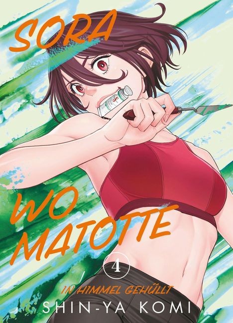 Text: "SORA WO MATOTTE IN HIMMEL GEHÜLLT SHIN-YA KOMI" Ein Mädchen mit kurzem Haar und rotem Top hält einen Spachtel.