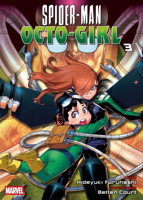 Titel: "SPIDER-MAN OCTO-GIRL 3". Eine dynamische Illustration zweier Figuren in Aktion mit mechanischen Armen.
