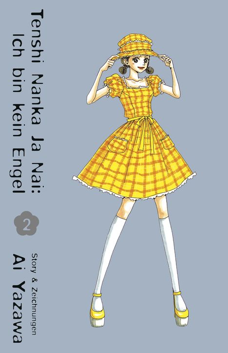 "Tenshi Nanka Ja Nai: Ich bin kein Engel", Band 2, Ai Yazawa. Frau in gelbem Kleid mit Hut posiert fröhlich.