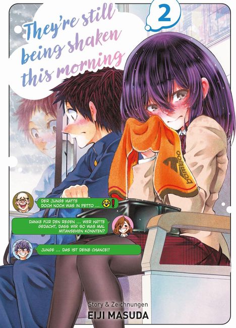 Text: "They’re still being shaken this morning." Junge mit rotem Gesicht, Mädchen mit violettem Haar hält ein oranges Handtuch.