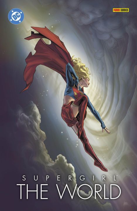 Text: Supergirl: The World. Superheldin schwebt heroisch in einer dynamischen Pose mit wehenden roten Umhang.