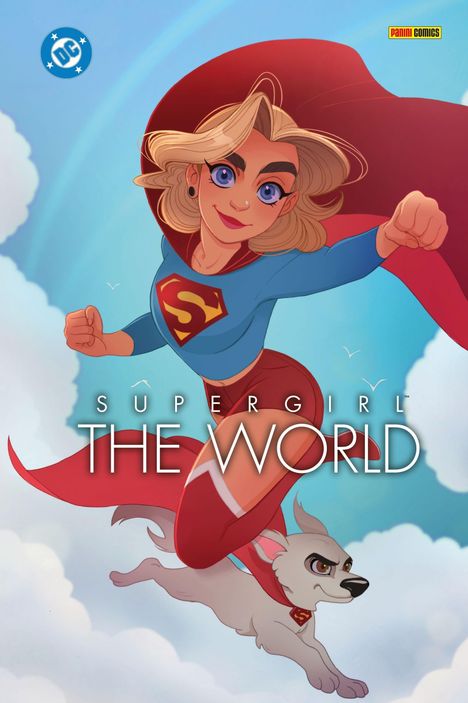Text: "SUPERGIRL THE WORLD". Animation mit fliegender Superheldin im roten Umhang und fliegendem Hund im Himmel.