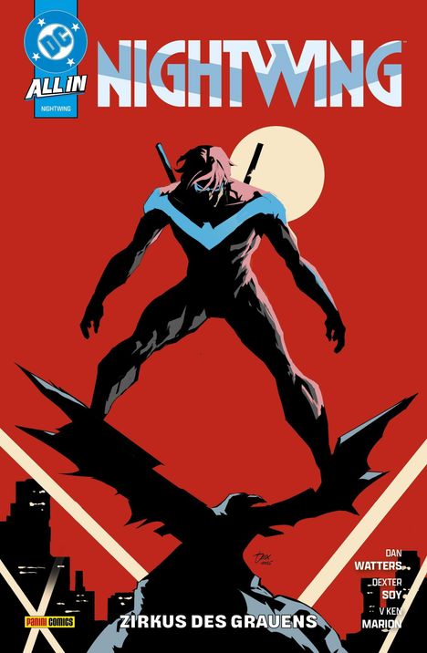Nightwing-Illustration: Ein stilisierter Held vor rotem Hintergrund, über einer Stadt, mit dem Text "Zirkus des Grauens".