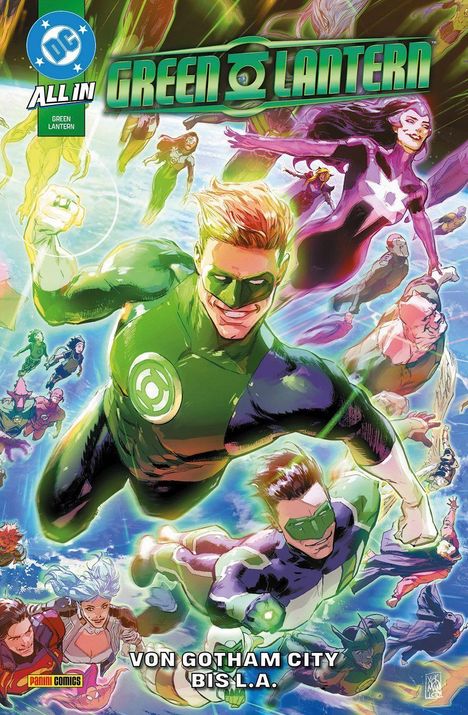 "ALL IN GREEN LANTERN", "VON GOTHAM CITY BIS L.A."; kämpfende, fliegende Superhelden in grünen Anzügen, farbenfroh und dynamisch.