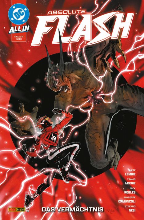 "Absolute Flash: Das Vermächtnis". Ein Held kämpft in dynamischer Pose gegen ein riesiges, horniges Monster. Rot dominierte Farben.